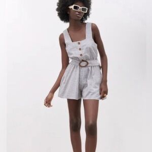 Zara Linen Blend Blue and White Striped Romper Jumpsuit